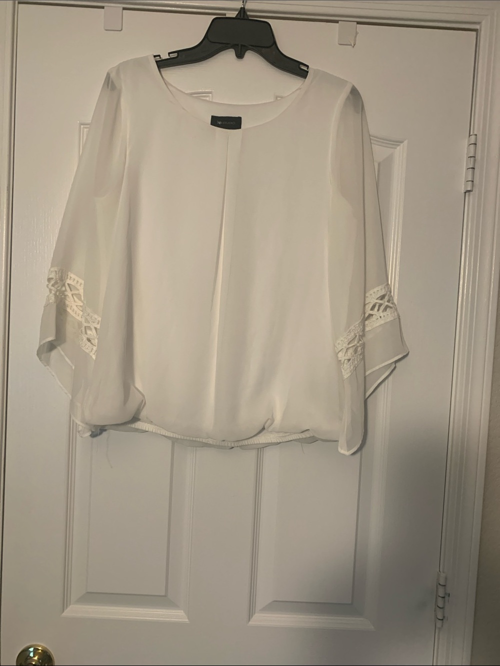 AB Studio Ivory Chiffon Blouson Top with Lace Sleeve Accents